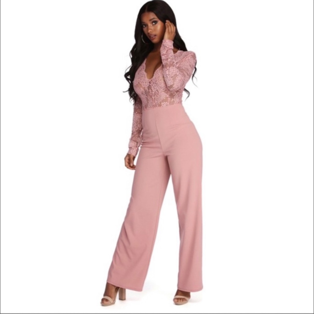 Windsor mauve blush lace long sleeve jumpsuit wide leg pants